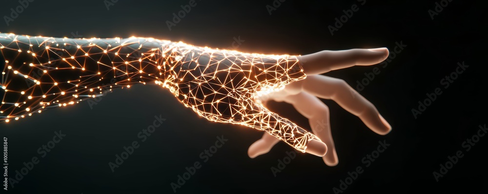 Obraz premium Abstract AI concept of a human hand glowing with light, reaching toward an intricate neural network, with bright energy flowing between them.