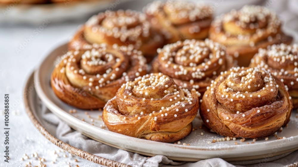 Sweet kanelbullar cinnamon buns with golden crust and sugar on beige wallpaper Sweet kanelbullar cinnamon buns with golden crust and sugar on beige wallpaper