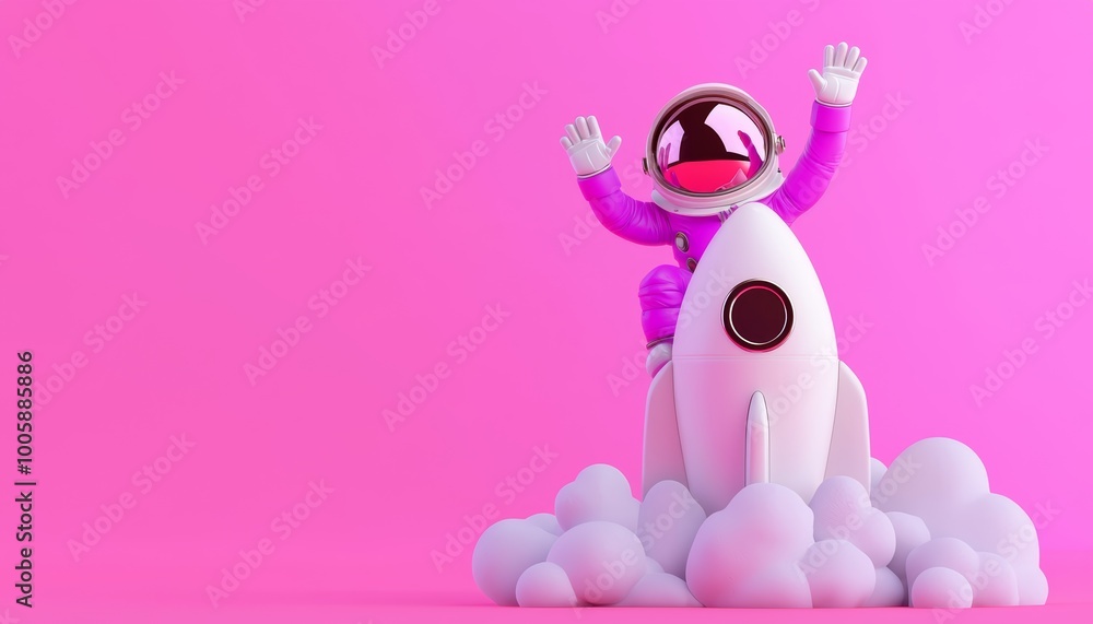 A friendly astronaut in a purple suit waves from atop a rocket, creating a fun and engaging space exploration scene that sparks imagination and adventure. A friendly astronaut in a purple suit waves from atop a rocket, creating a fun and engaging space exploration scene that sparks imagination and adventure.
