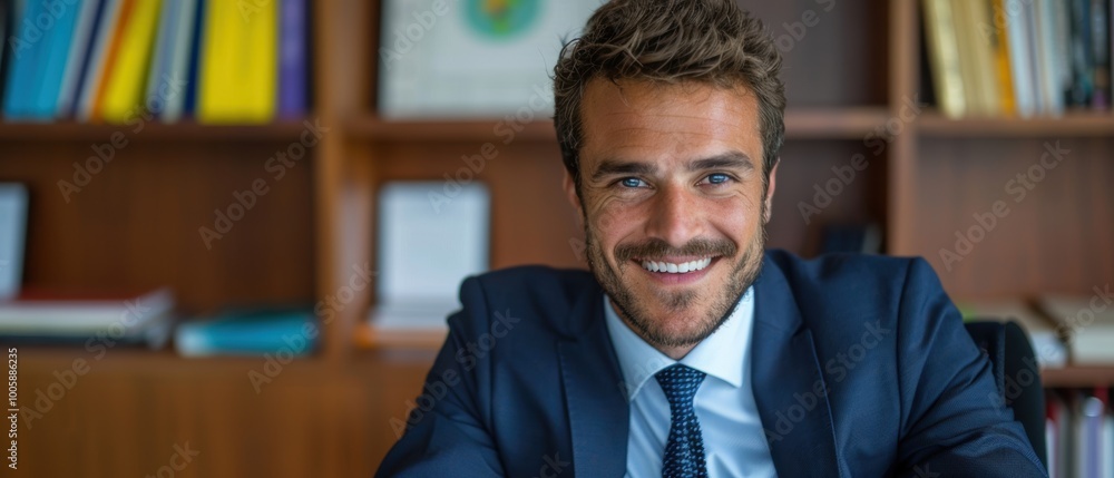 Smiling Man in Suit at Office Desk Smiling Man in Suit at Office Desk