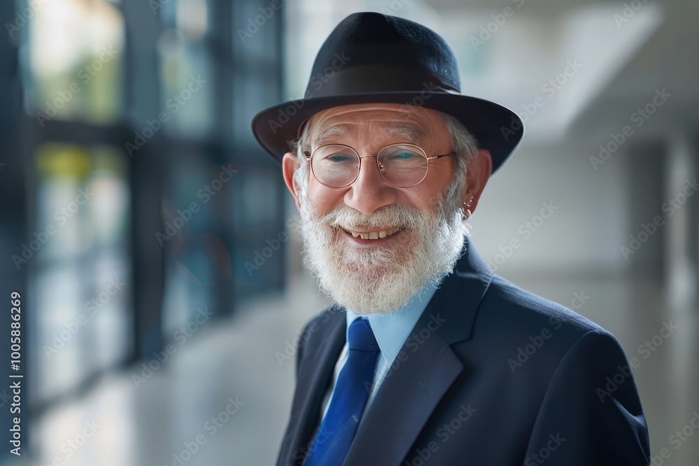 Portrait of successful senior Jewish businessman consultant looking at camera and smiling inside modern office building , background blur Portrait of successful senior Jewish businessman consultant looking at camera and smiling inside modern office building , background blur