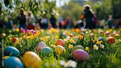 Colorful Easter eggs are hidden in the grass, waiting to be found by children during an egg hunt