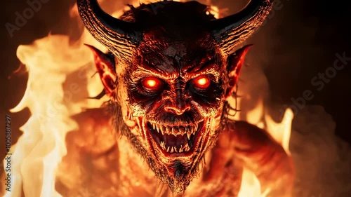 A demon with horns and glowing red eyes emerges from the flames