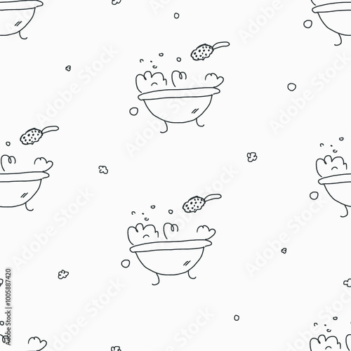 Seamless pattern with bubble bath, washcloth and soap. Doodle vector illustration. Childish naive art style