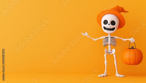 A playful skeleton in an orange hat, holding a pumpkin with a bright smile, ready to celebrate Halloween in a whimsical, fun way.