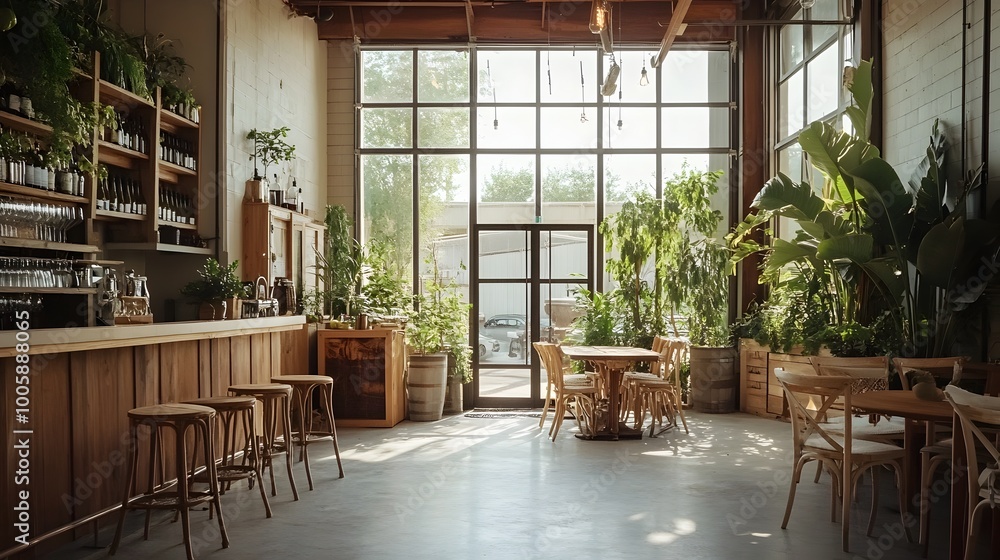 Fototapeta premium Charming pastel toned mini distillery with a cozy inviting atmosphere The industrial inspired building features rustic wooden accents and large windows that allow natural light to pour in