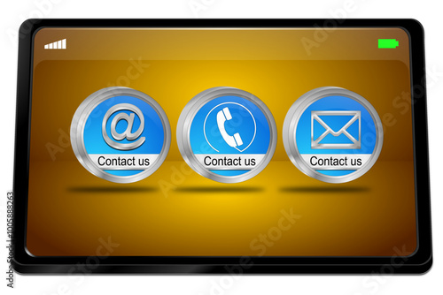 Tablet computer with Contact us Button - 3D illustration