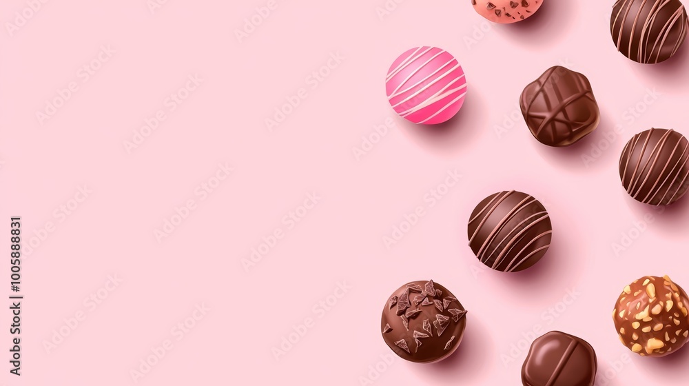 Flat vector design of chocolate truffles and bonbons placed evenly on a pastel peach background. Flat vector design of chocolate truffles and bonbons placed evenly on a pastel peach background.