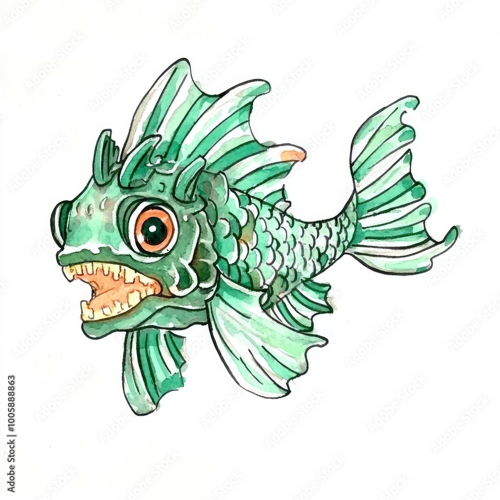 Obraz premium Watercolor Illustration of a Green Fish with Big Eyes
