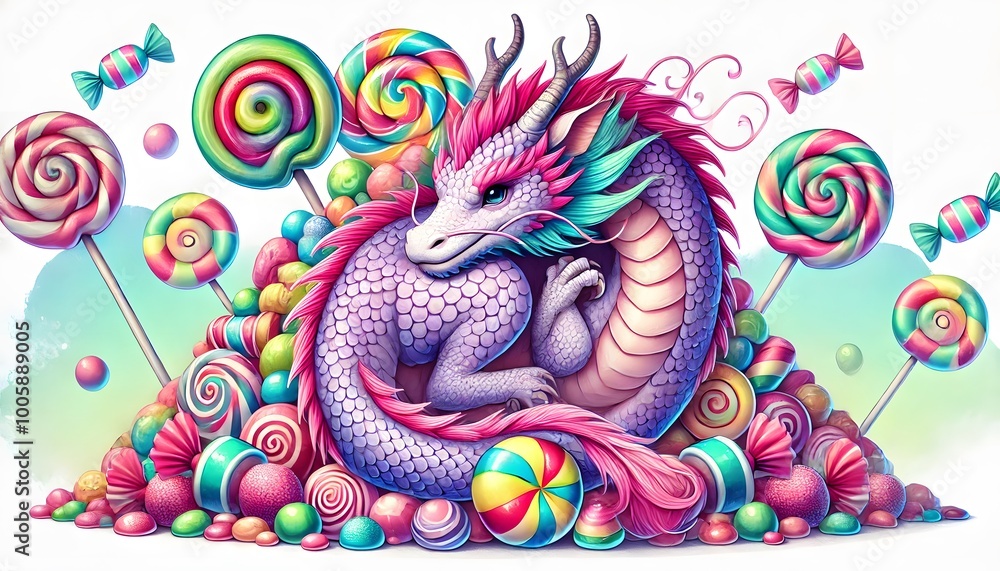 Obraz premium Colorful Dragon Surrounded by Candy and Sweets