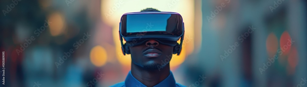 Man Wearing Virtual Reality Headset in Urban Setting at Sunset, Experiencing Immersive Technology Man Wearing Virtual Reality Headset in Urban Setting at Sunset, Experiencing Immersive Technology