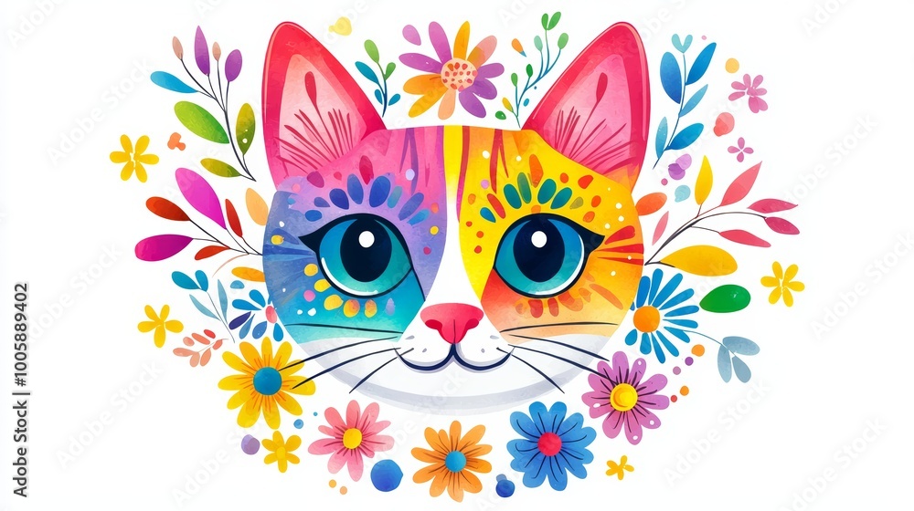 A symmetrical illustration of a cats face, with bright floral patterns encircling it, showcasing a unique blend of nature and playful folk-art design. A symmetrical illustration of a cats face, with bright floral patterns encircling it, showcasing a unique blend of nature and playful folk-art design.