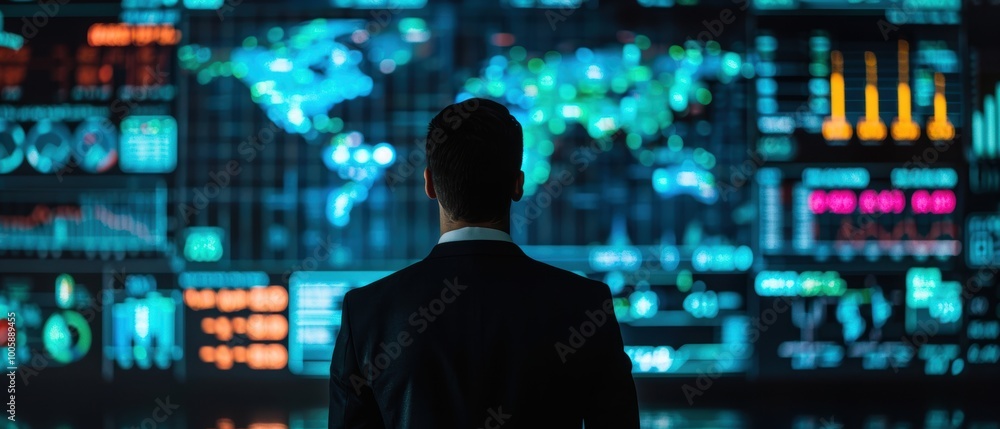 Businessman in Suit with Data Visualization Background Businessman in Suit with Data Visualization Background
