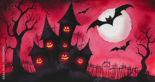 A tall, twisted haunted house with glowing pumpkin faces in the windows, surrounded by a spooky fence and bats flying in front of a full Halloween moon. photo