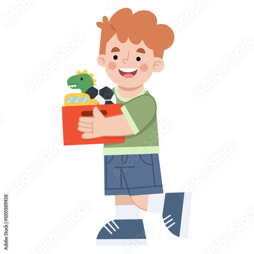 Vector illustration of little boy picking up a toy