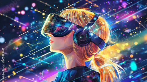 Beauty girl in hi-tech VR glasses with elements of artificial intelligence. Background in a high-tech style. Shining lines and patterns resembling neural networks, connections, and digital circuits.