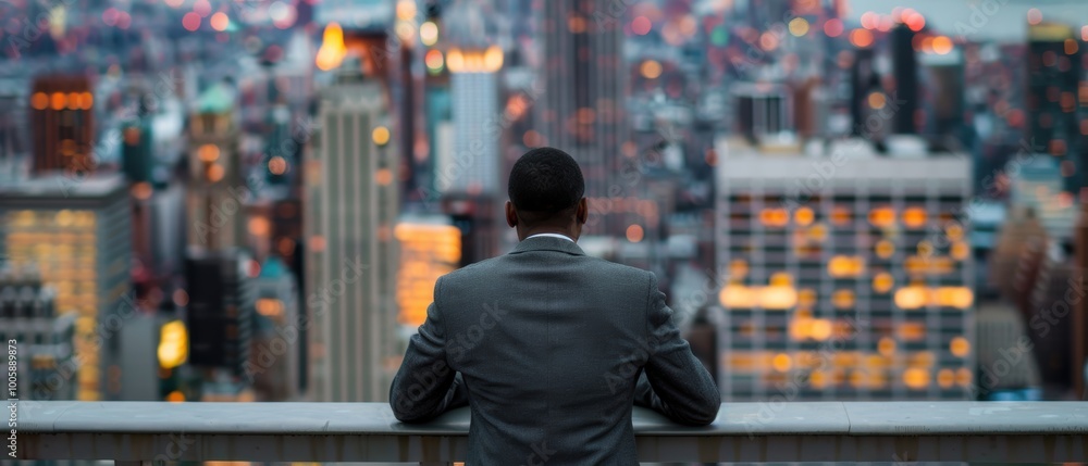 Man in Suit Leaning Against Railing Overlooking City Man in Suit Leaning Against Railing Overlooking City