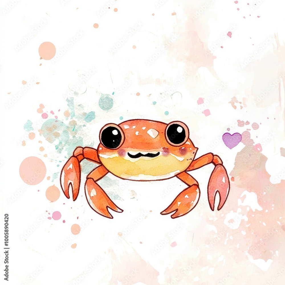 Watercolor Illustration of a Cute Cartoon Crab with Watercolor Background Watercolor Illustration of a Cute Cartoon Crab with Watercolor Background