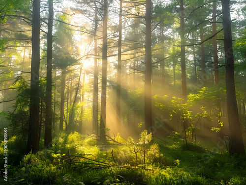 Sunlight filtering through dense canopy, casting shadows on the forest floor in a serene setting.