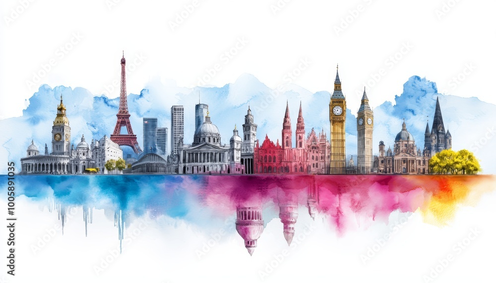 Fototapeta premium An artistic blend of international landmarks in one skyline, featuring iconic structures from major cities around the world.