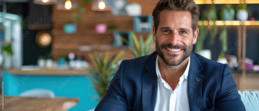 Confident Man in Suit Sitting in Modern Office Space Confident Man in Suit Sitting in Modern Office Space