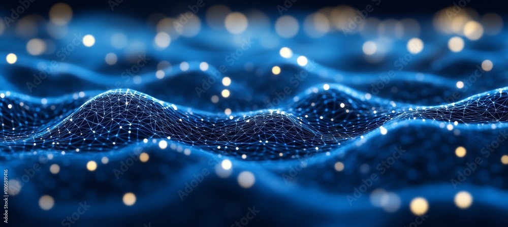 Abstract Blue Wavy Surface with Glowing Dots and Network Connections, Technology Background Abstract Blue Wavy Surface with Glowing Dots and Network Connections, Technology Background