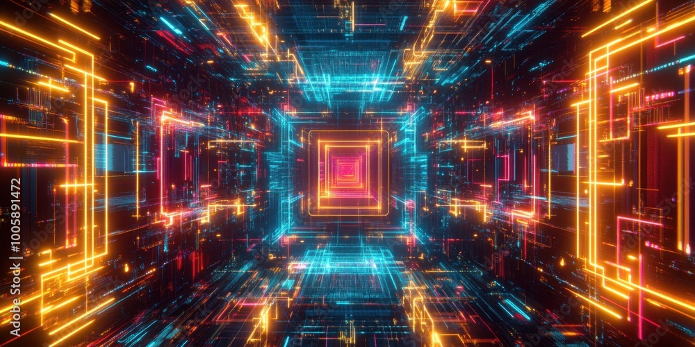 a tunnel with neon lights and a red light a tunnel with neon lights and a red light