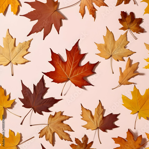 Dried maple leaves on pastel sunlit background with shadow. Autumn, fall, thanksgiving day concept. Flat lay, top view