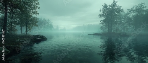 Wallpaper Mural A misty lake shrouded in fog, with trees lining the shoreline. The water is calm and reflective, creating a sense of mystery and tranquility. Torontodigital.ca