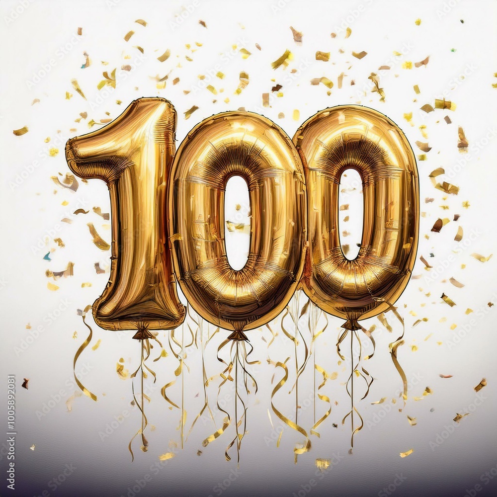Gold birthday / anniversary balloon, number 100, white background with confetti Gold birthday / anniversary balloon, number 100, white background with confetti