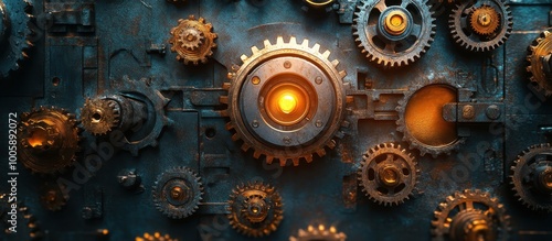 Intricate Mechanical Gears and Cogs with Glowing Center in Industrial Steampunk Design