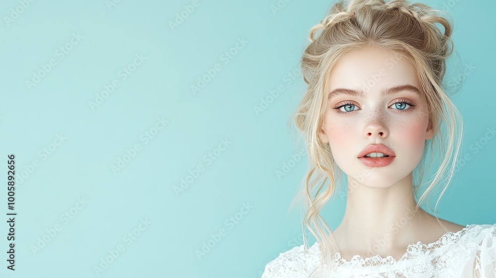A stunning portrait of a young woman with elegant hair and natural makeup in front of a soft blue background. Ideal for beauty themes. A stunning portrait of a young woman with elegant hair and natural makeup in front of a soft blue background. Ideal for beauty themes.