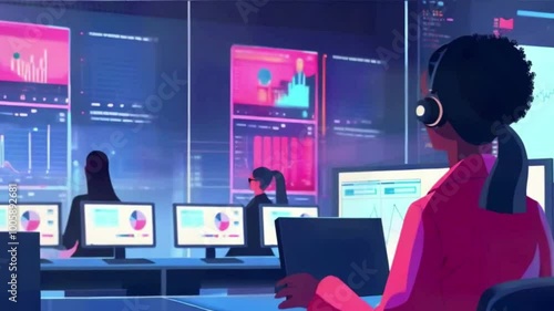 Young woman, developer programmer, software engineer, IT support, working hard at night overtime on computer to check coding in bugging system