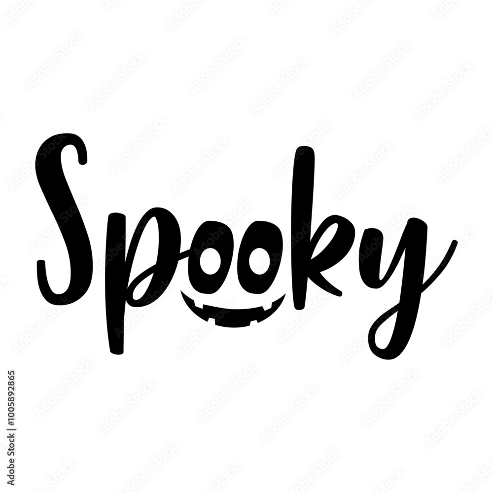 Logo con palabra spooky con ojos en lugar de letra O y sonrisa de calabaza para tarjetas y felicitaciones de Halloween