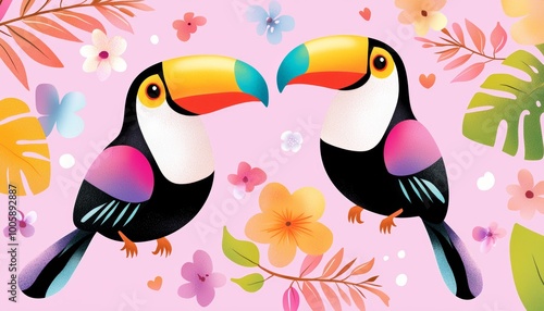 Tropical toucans in a minimalist nature scene, surrounded by stylized branches, flowers, and leaves, blending elegance with the charm of the rainforest. photo