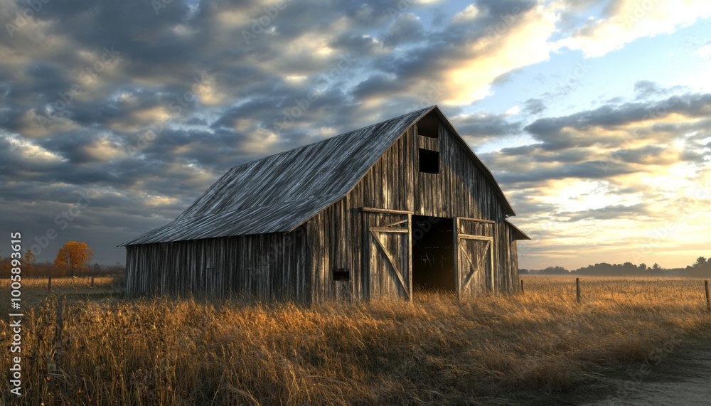 A weathered wooden barn stands in a field of golden grass under a dramatic sky. A weathered wooden barn stands in a field of golden grass under a dramatic sky.