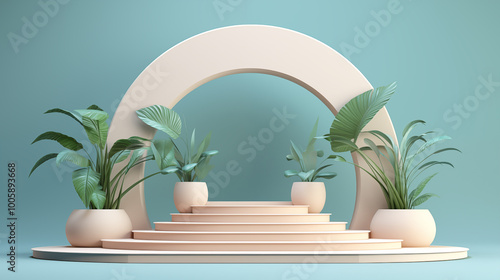 Abstract white round arch, empty podium on blue background with vases and plant leaves. Product display presentation, advertising, mockup, showcasing.	

