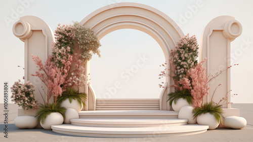 Abstract colored bright background for presentation with trees and palms in the form of an arch, on the blue sky background. Product display presentation, advertising, mockup, showcasing.