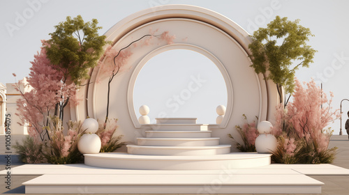 Abstract beige background for presentation with vases and plants, arch empty podium. Product display presentation, advertising, mockup, showcasing.	
