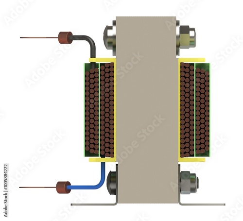 Electric transformer section view presentation isolated on white background