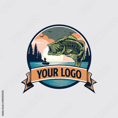 vector logo jumping largemouth bass fishing on the lake