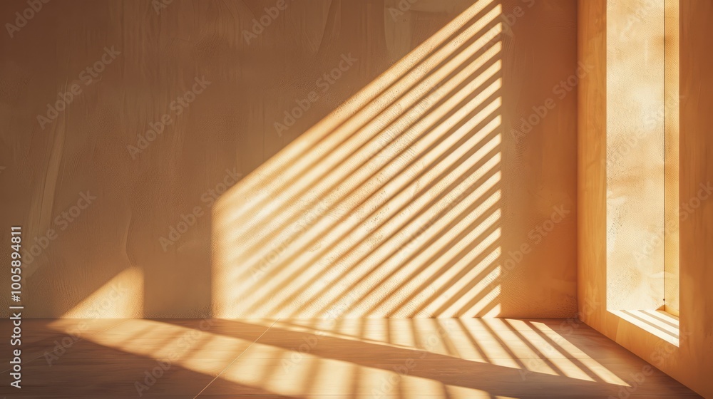 The image shows a minimalist, warm-toned interior space with strong shadows creating geometric patterns The image shows a minimalist, warm-toned interior space with strong shadows creating geometric patterns