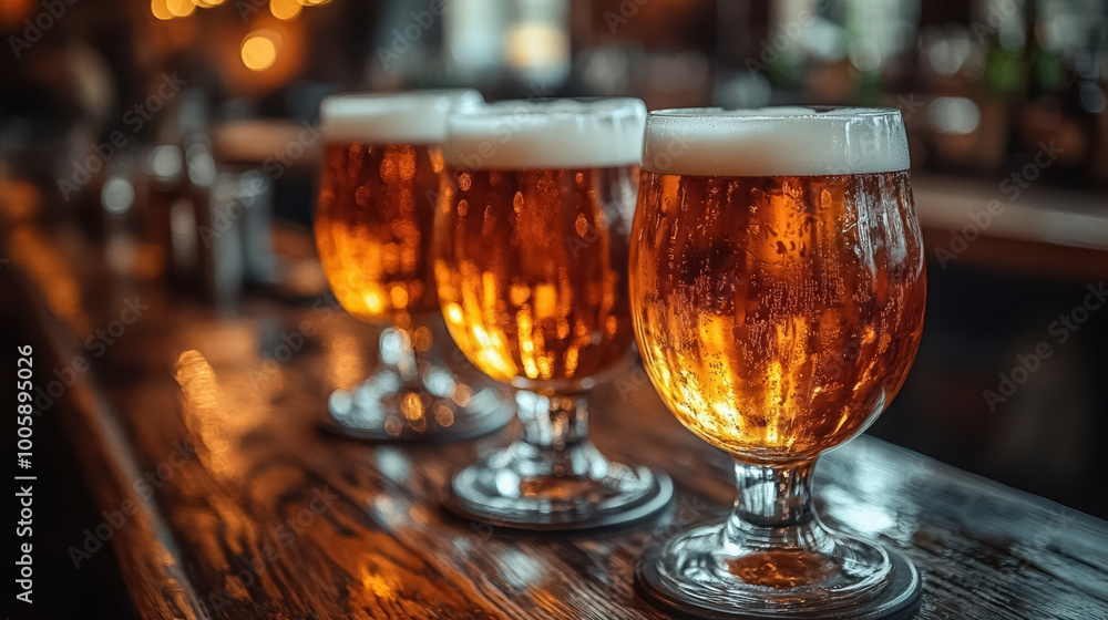 Glasses of beer on a table in bar background Glasses of beer on a table in bar background
