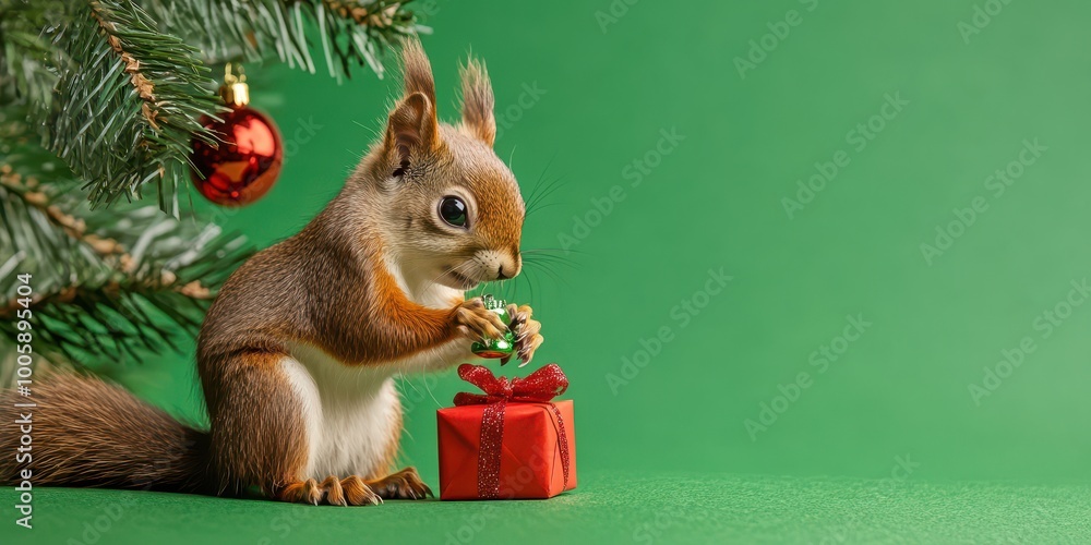 Squirrel with Tiny Gift Under Green Tree Squirrel with Tiny Gift Under Green Tree