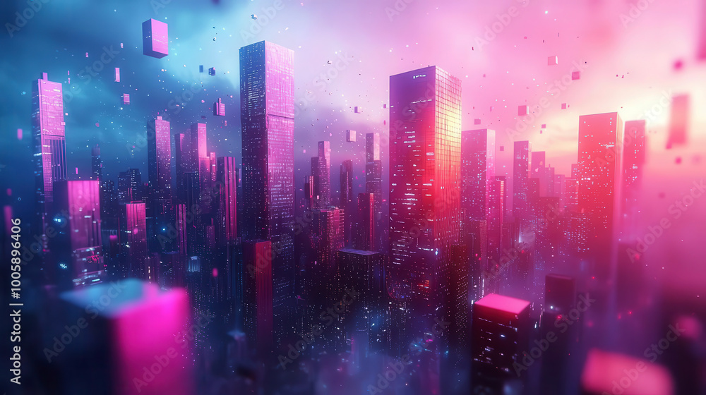 Create a holographic 3D abstract cityscape with geometric buildings and floating shapes Create a holographic 3D abstract cityscape with geometric buildings and floating shapes
