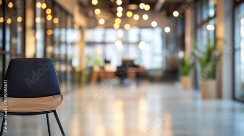 A modern office interior featuring a chair and blurred background with warm lighting.