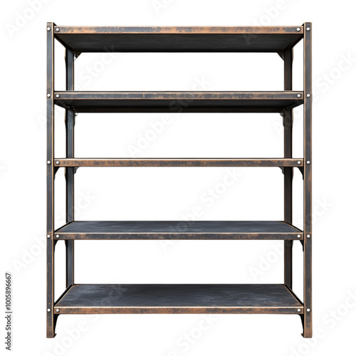 Industrial-style metal shelving unit on transparent background