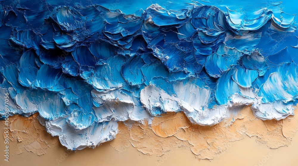 Oil painting of ocean waves on sandy Oil painting of ocean waves on sandy