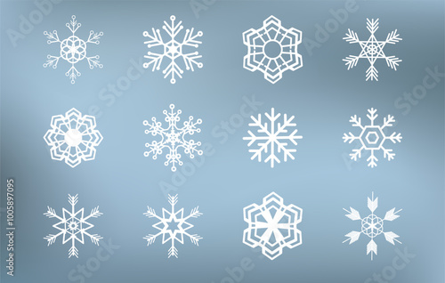 Christmas Snow Vector Icons Collection. Snowflakes Vector Icons Isolated On Blue Frosty Gradient Background. Winter Icon Silhuette Elements. Snow And Snowflake Symbols. New Year Christmas Ornament.