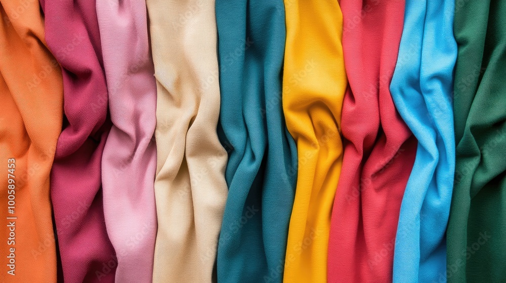 A vibrant collection of folded fabric in various colors, showcasing textures and hues ideal for textile design or fashion projects. A vibrant collection of folded fabric in various colors, showcasing textures and hues ideal for textile design or fashion projects.